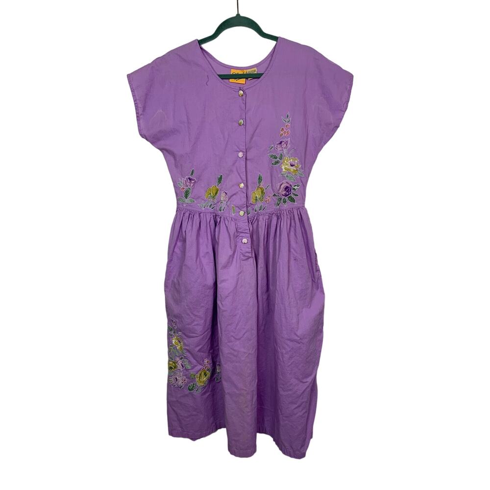 Vintage Sea Wind Purple Midi Dress Floral Appliqué, Size M